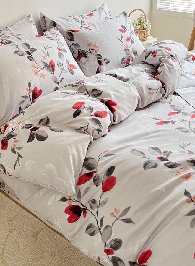 LUNA Home King size 6-piece modern set (1 Duvet cover - 220*240cm. 1 Fitted sheet - 200*200cm+30cm. 4 Pillow covers - 50*75cm. ), bedding set without filler with red leaf pattern. - Image 3